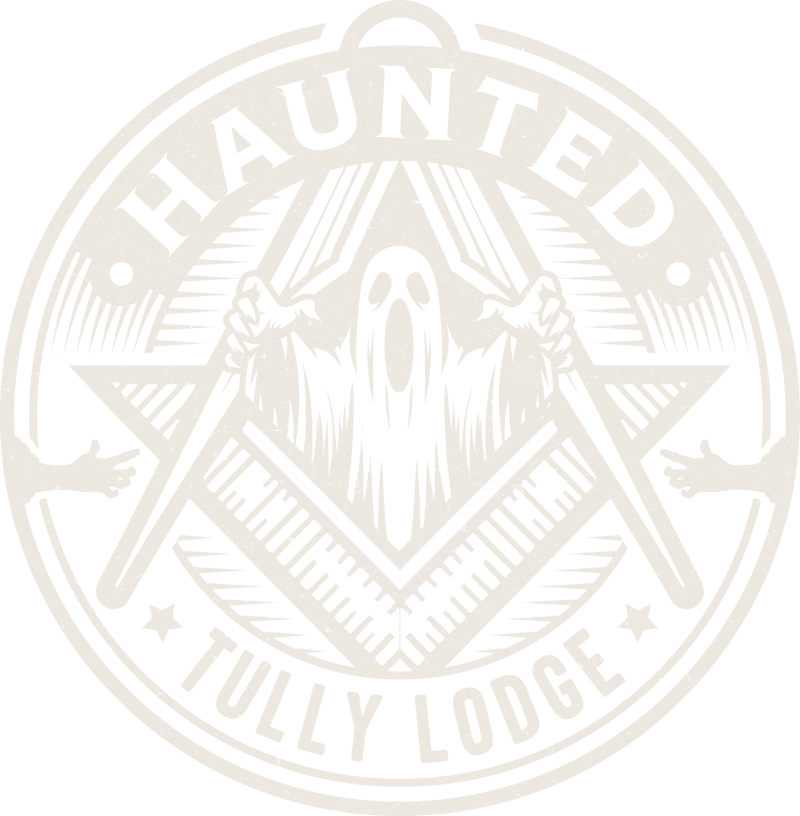 Haunted Tully Lodge badge, a ghost rising between a Masonic square and compasses